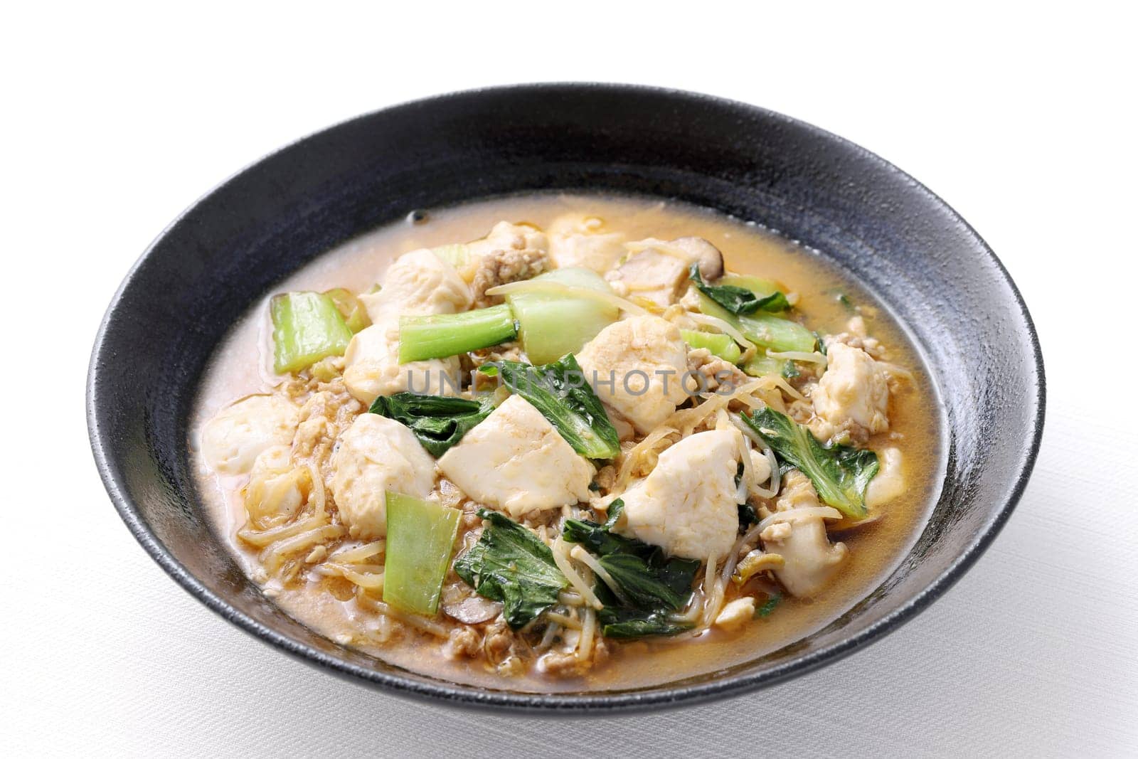 Chinese cuisine mabo tofu in a dish on white background, Japanese style,