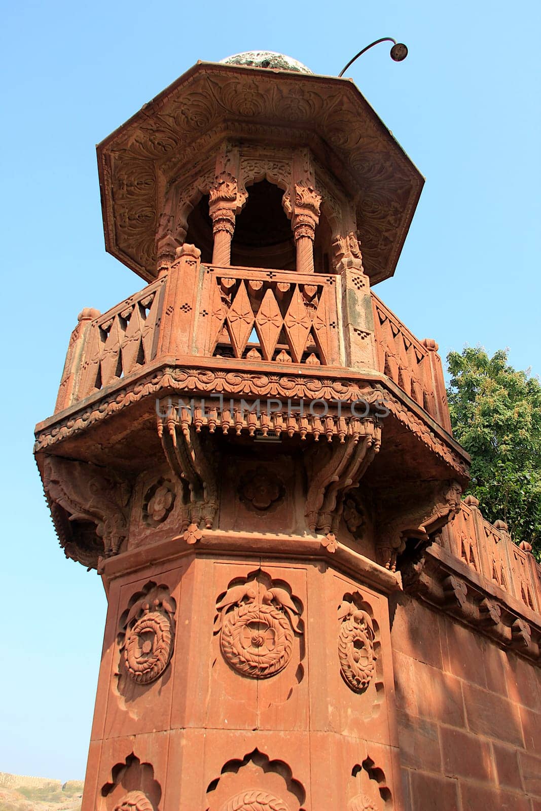 Red Stone covered gallery and wall near Jaswanth Thada in Jodhpur, Rajasthan, India, Asia