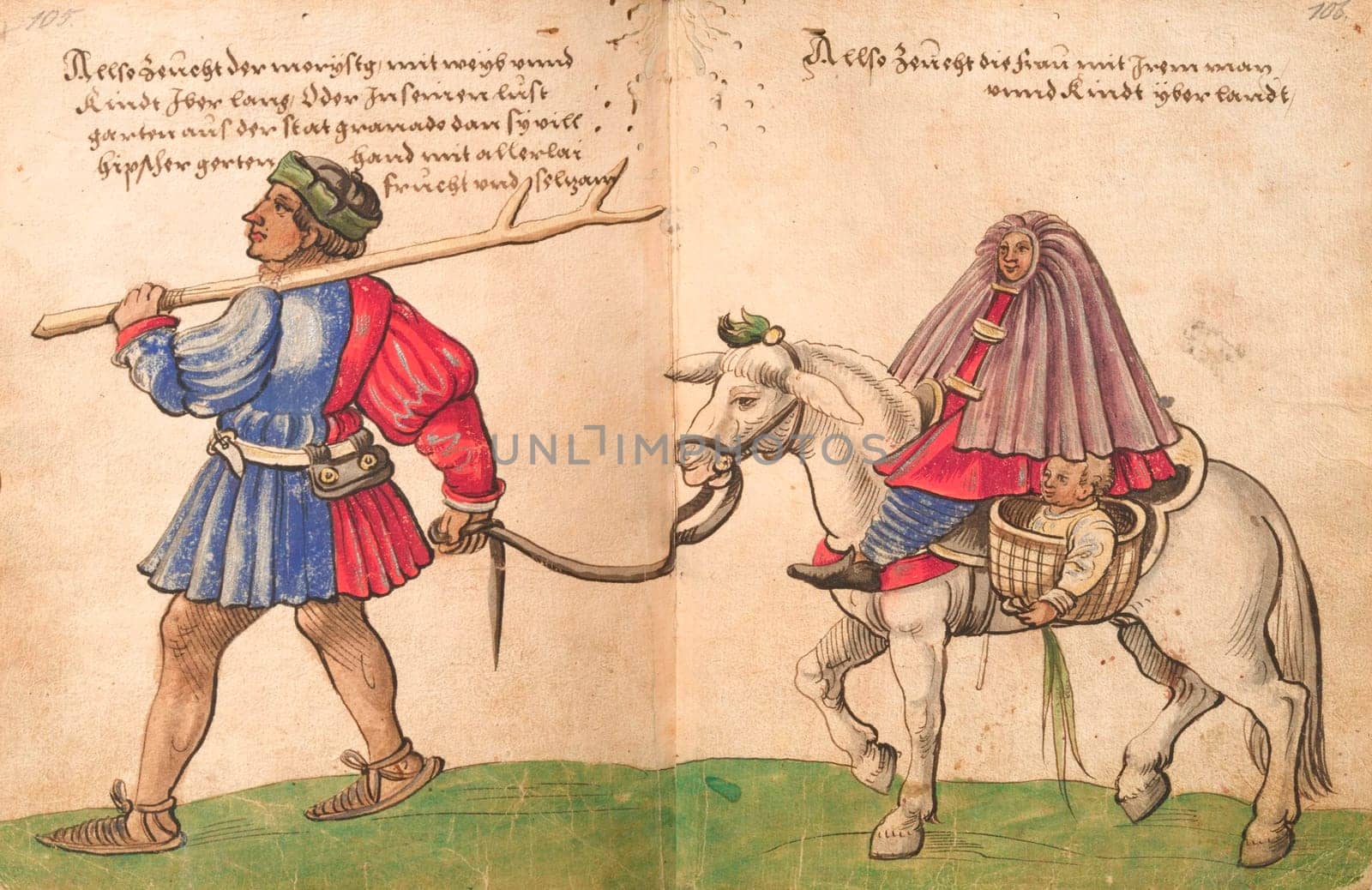 Moriscos family go out for a walk. Draw from Trachtenbuch by Christoph Weiditz, 1530. Nuremberg Germanisches Nationalmuseum