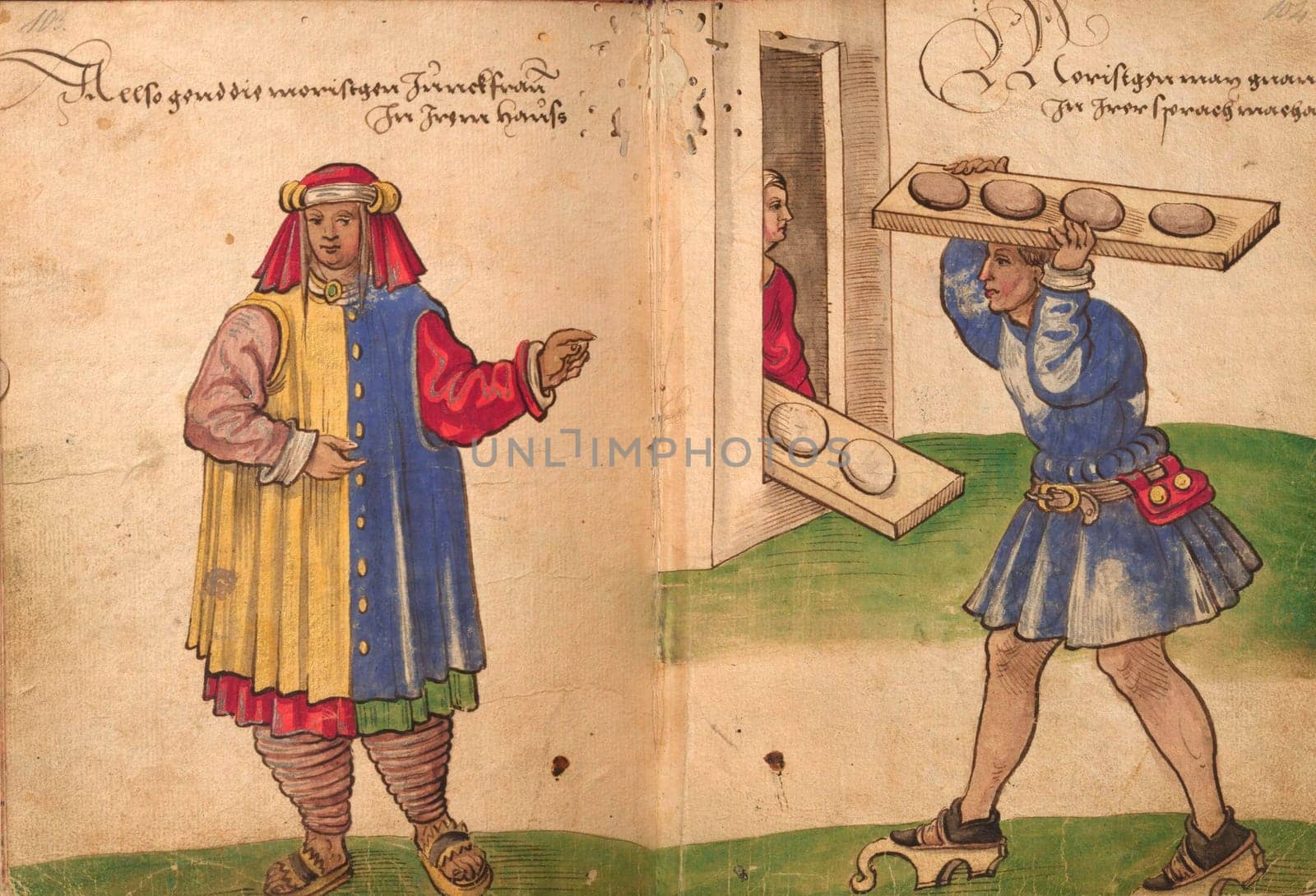 Morisco maid with outdoors attire and worker carriying bread. Draw from Trachtenbuch by Christoph Weiditz, 1530. Nuremberg Germanisches Nationalmuseum