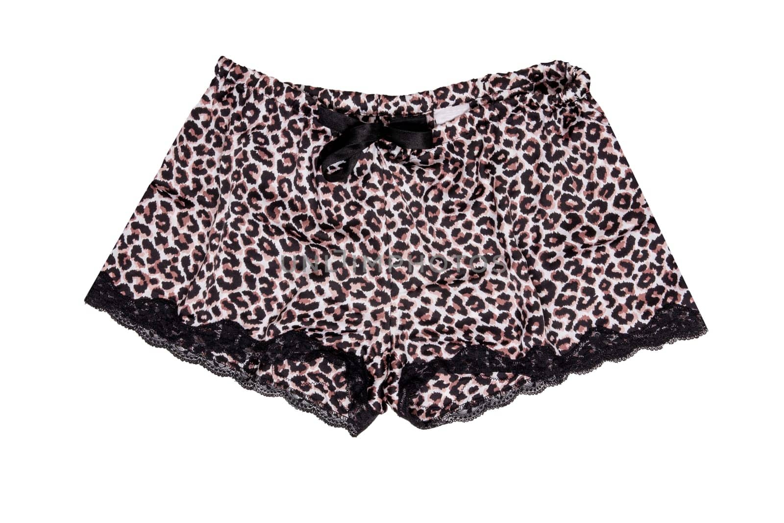 Night gown isolated. Close-up of female sexy silk night lingerie panties with leopard pattern and lace isolated on a white background. Fashionable night wear.