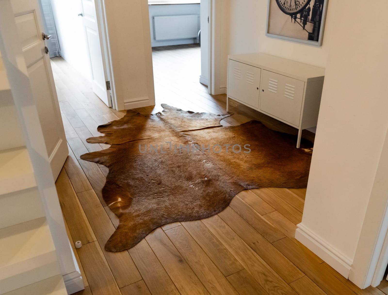 Reddish Brown Cowhide rug with silky coat on a wooden floor as luxuriously home decoration with rustic or western charm. A cow skin carpet in industrial-styled corridor as addition to modern interior