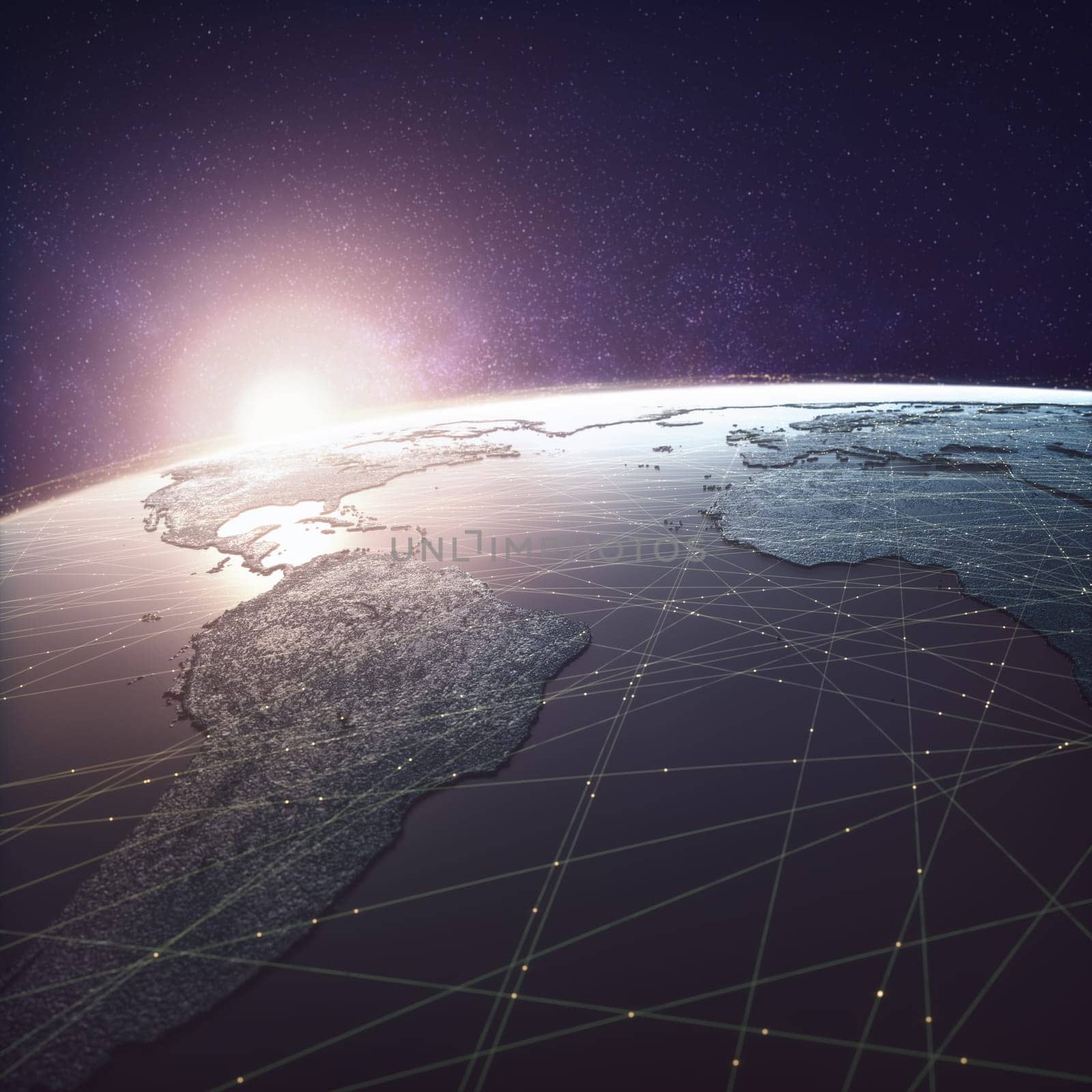 Globalized world, digital technology. Connections and cloud computing in the virtual world. World map with satellite data connections. Connectivity across the world. 3D illustration.