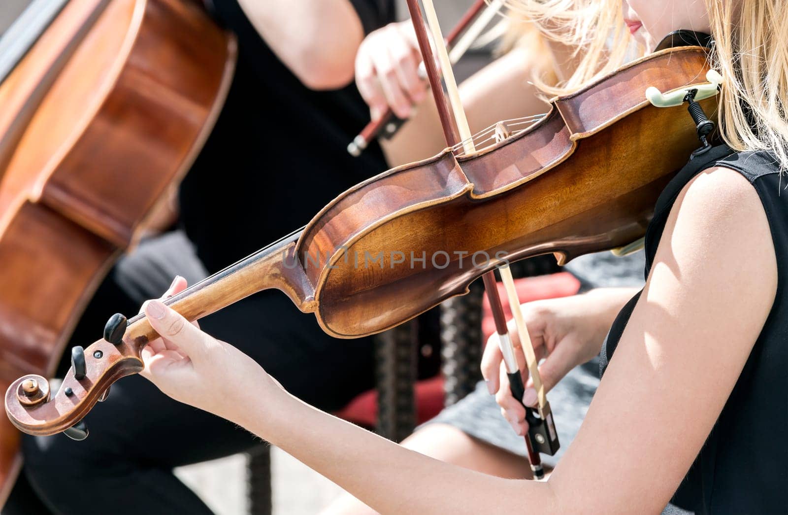 hands of the young woman violinist play music at concert