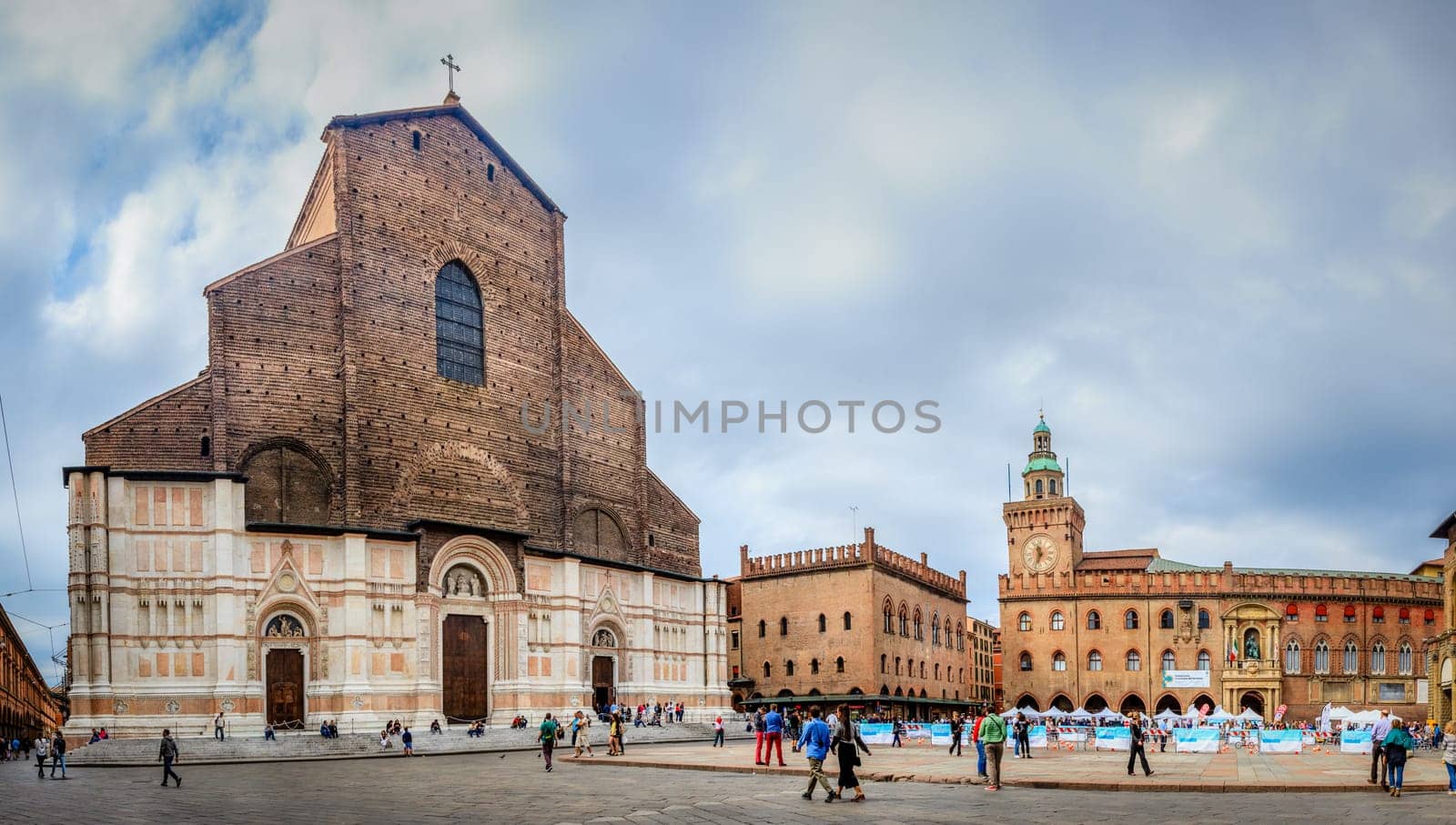 Bologna, Italy, September 20, 2015: Panoramic view of Piazza Maggiore - central square in Bologna, Italy and Basilica di San Petronio