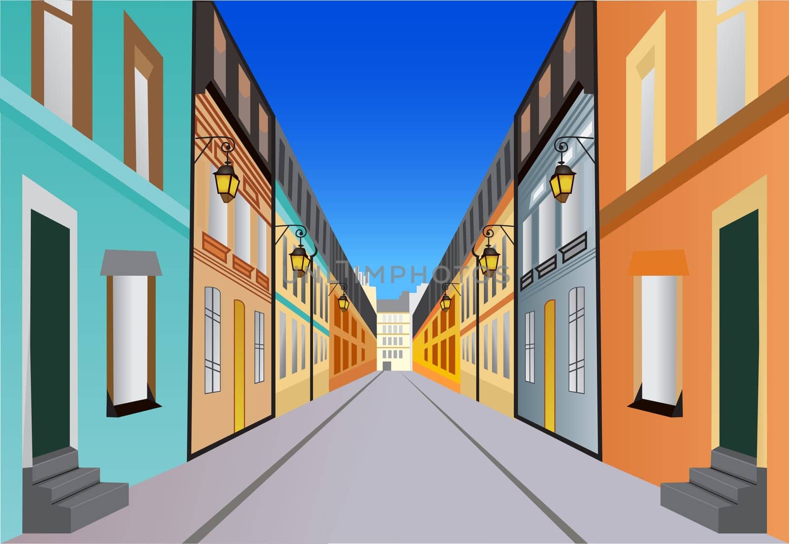 Street with buildings on both sides of  a road vector illustration for colorful graphic design or wall art