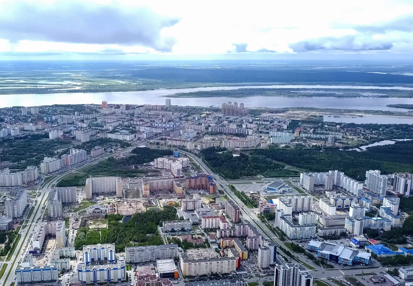 View from above on the city of Surgut. Hunts-Mansi Autonomous Region, surgut city from a bird's-eye view.