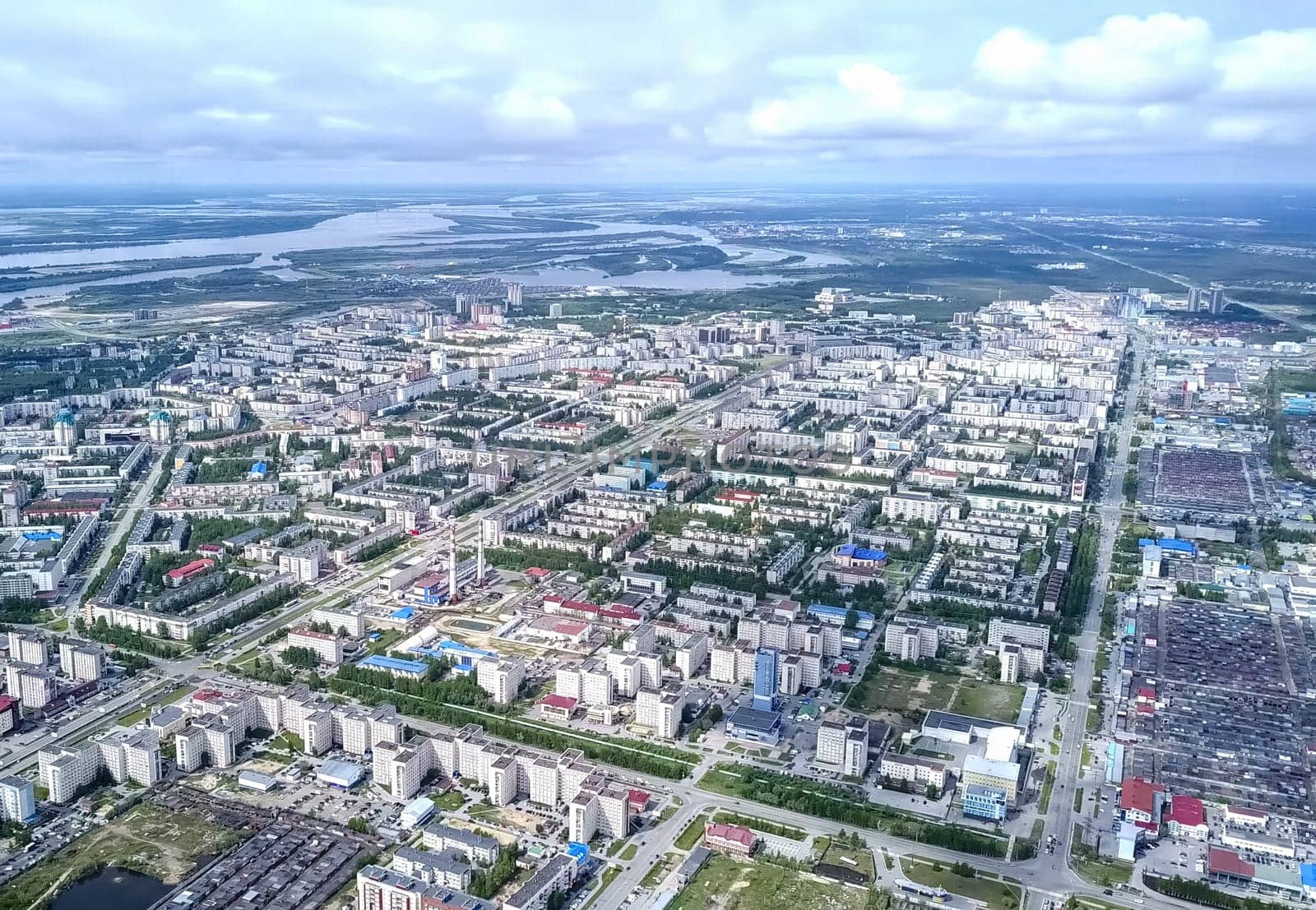 View from above on the city of Surgut. Hunts-Mansi Autonomous Region, surgut city from a bird's-eye view.