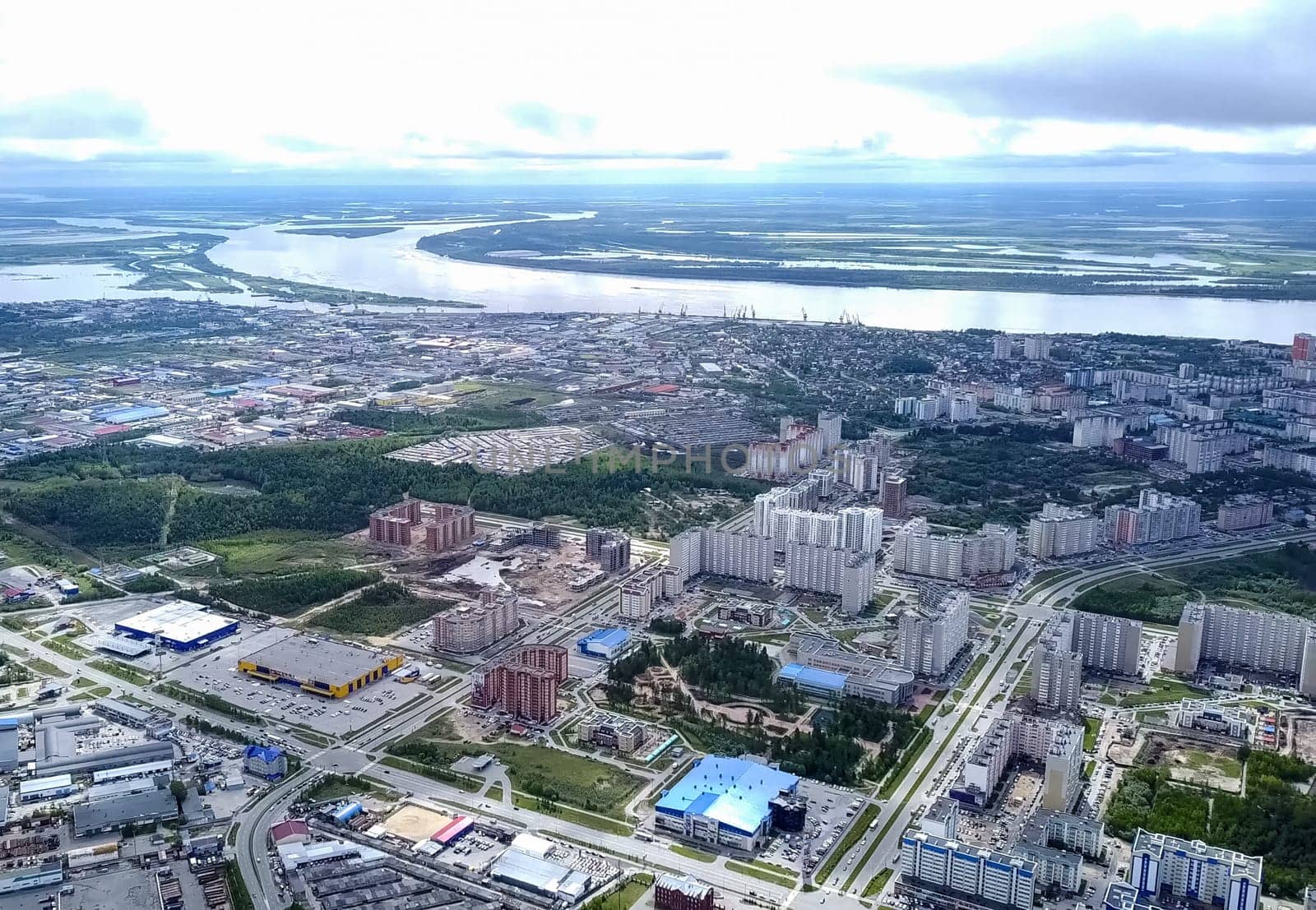 View from above on the city of Surgut. Hunts-Mansi Autonomous Region, surgut city from a bird's-eye view.