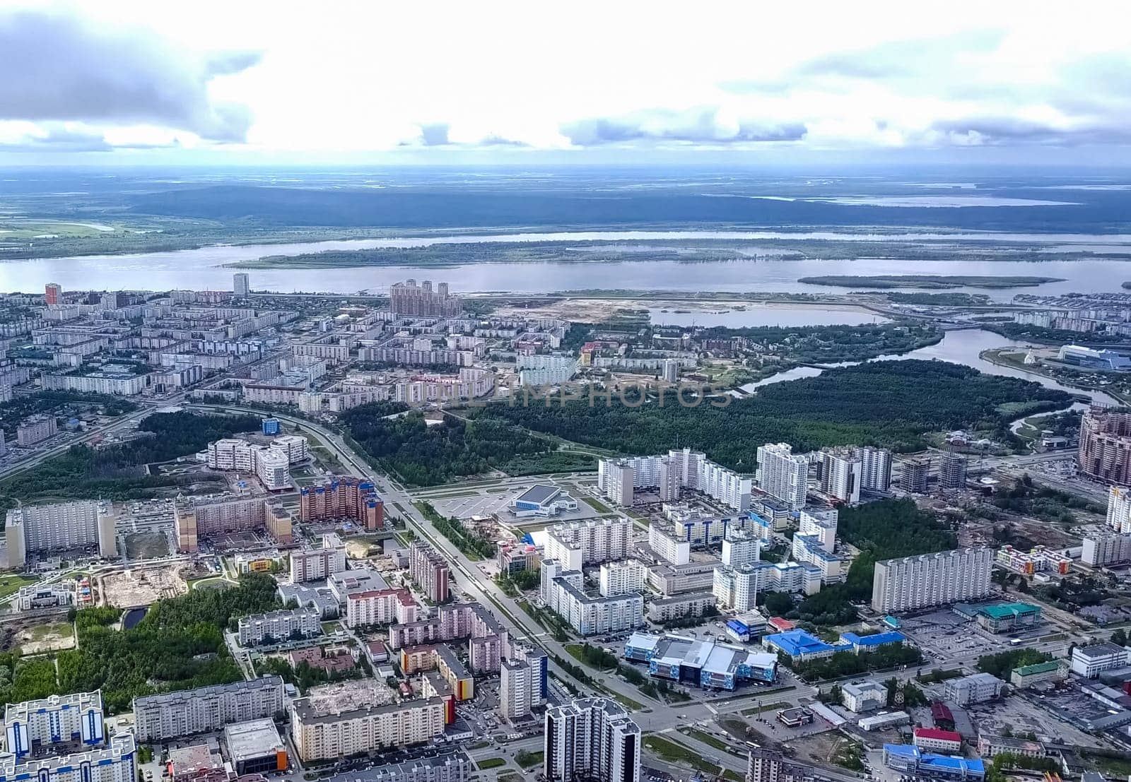 View from above on the city of Surgut. Hunts-Mansi Autonomous Region, surgut city from a bird's-eye view.