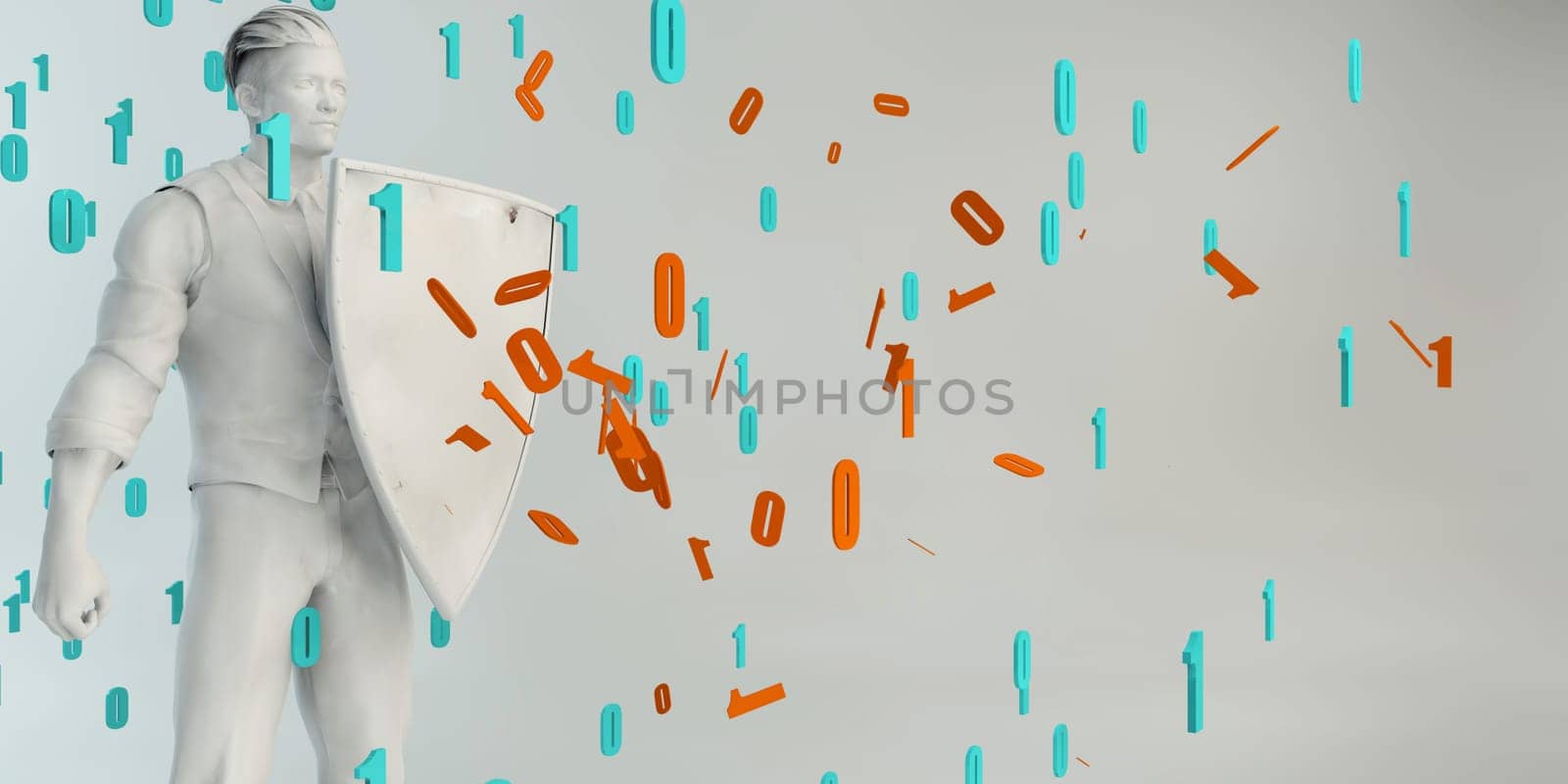 Cyber Security Concept with Man Holding Shield Blocking Out Virus