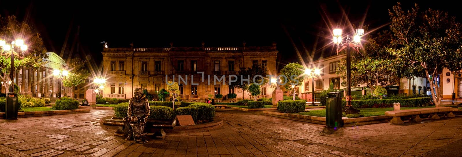 Night View of the Plaza del Carmen, with the Museum of the Mask, and the Theatre of Peace on the background, in the Mexican city of San Luis Potosi