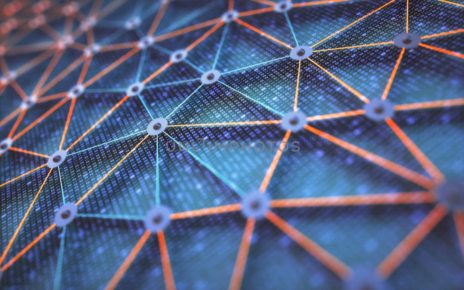 Artificial intelligence, connections and nucleus in concept of interconnected neurons. Abstract background with binary numbers, neural network and cloud computing. 3D illustration.
