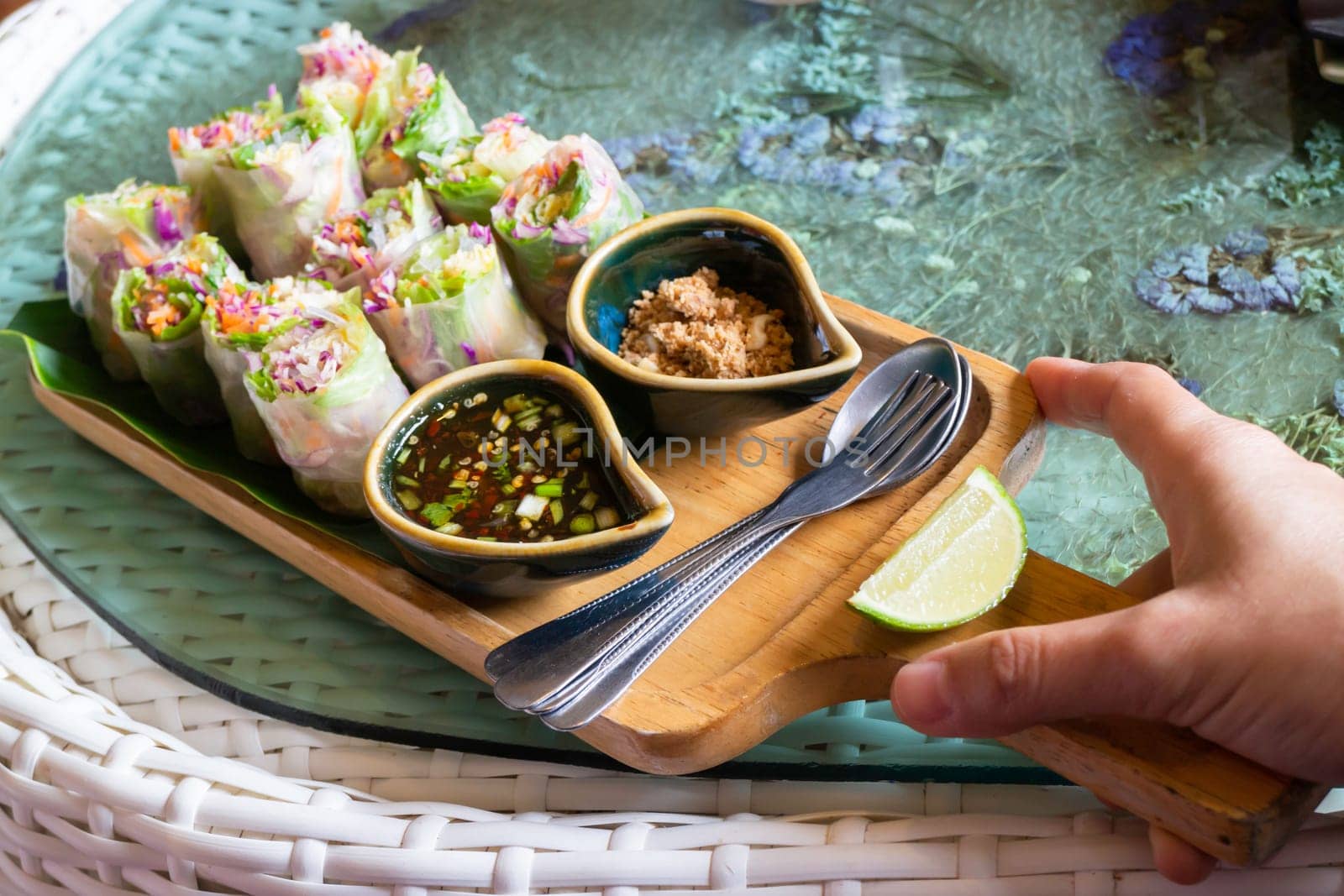 Healthy fresh vegetable spring rolls serving, stock photo