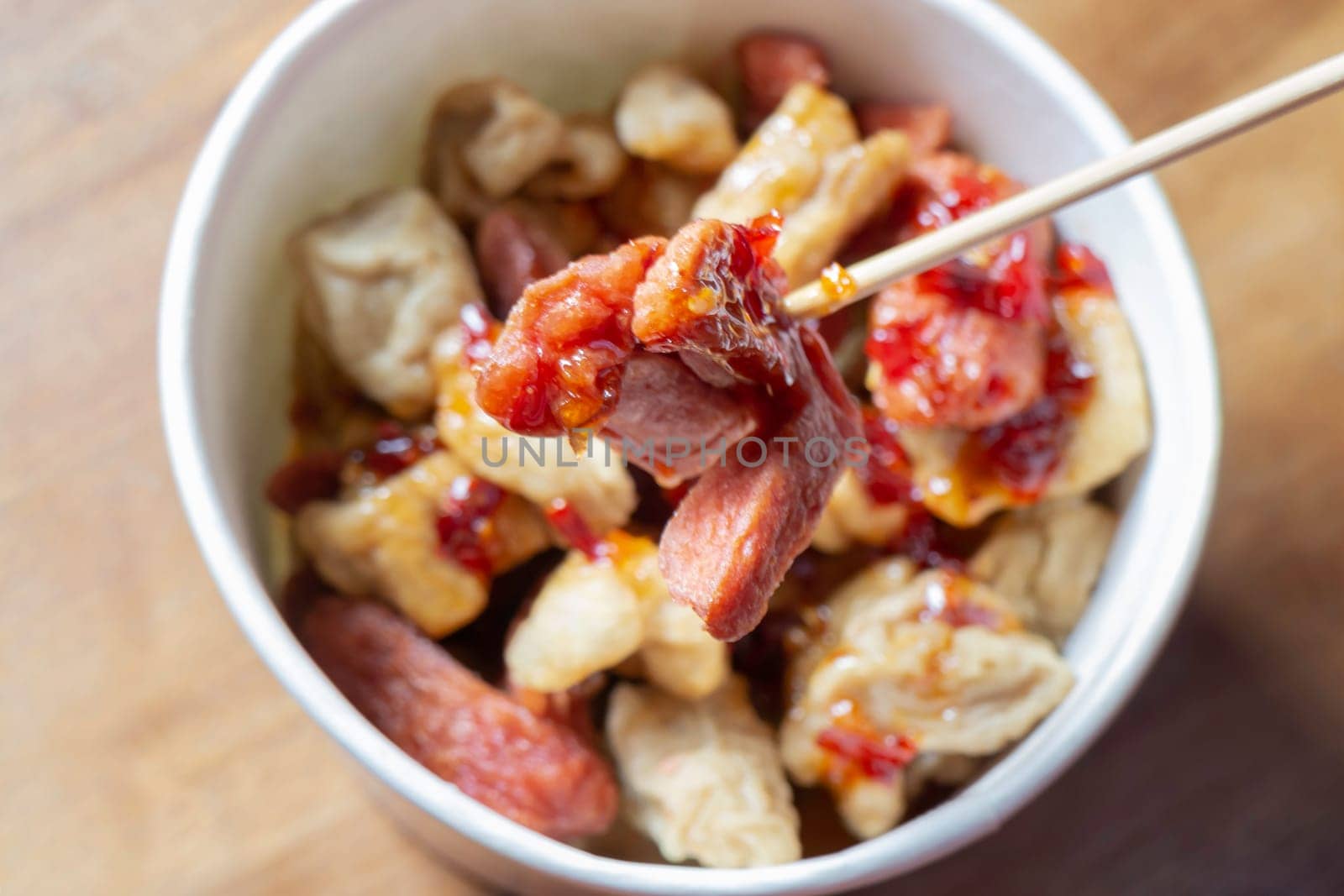 Fish balls fried and chili sauce, stock photo