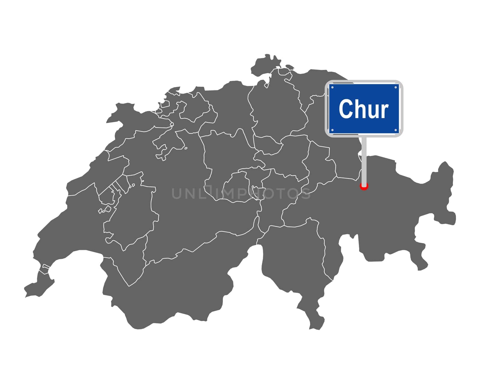 Landkarte der Schweiz mit Ortsschild von Chur
