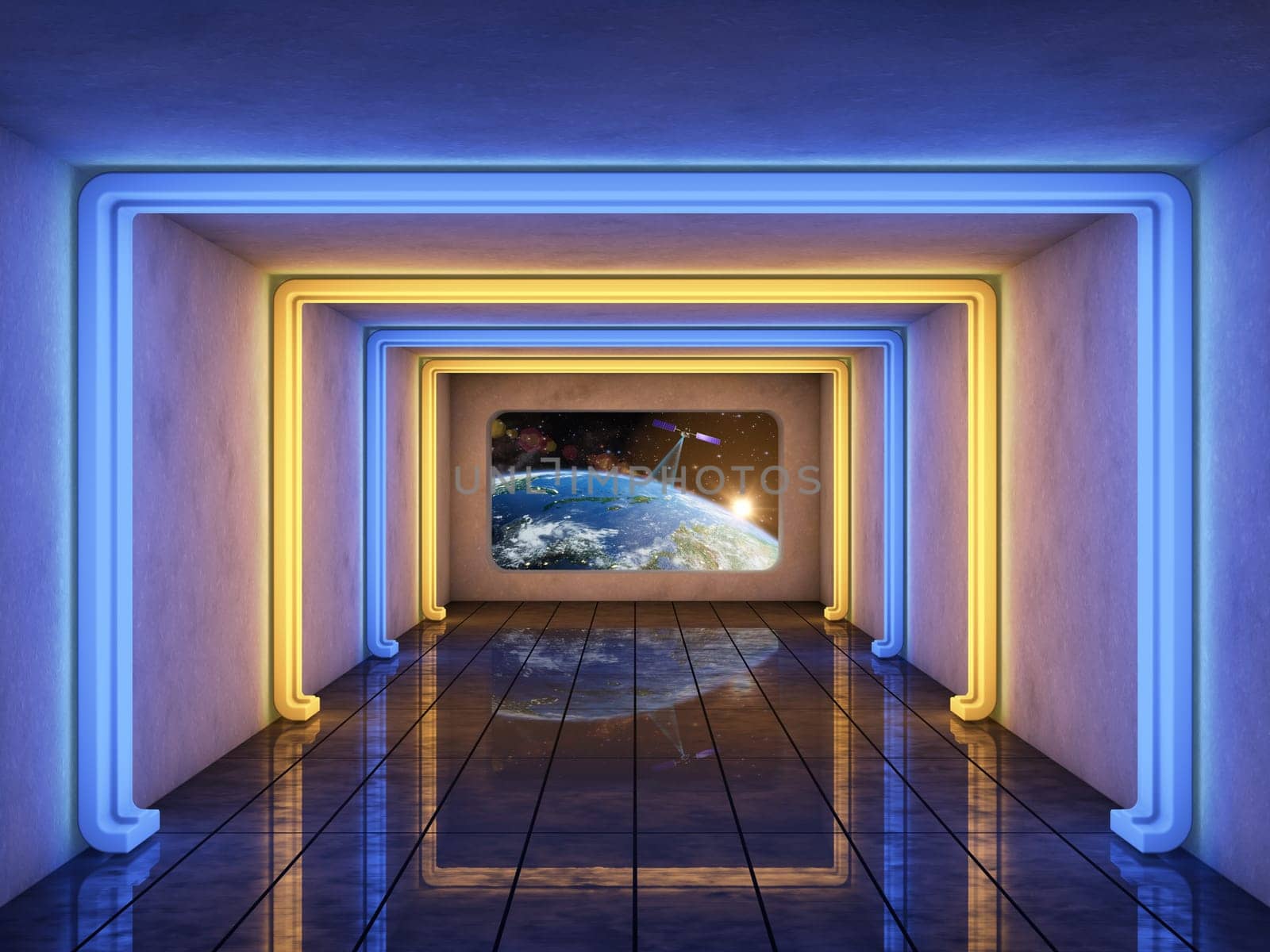Futuristic corridor with a view of the Earth. 3D rendering. Elements of this image furnished by NASA.