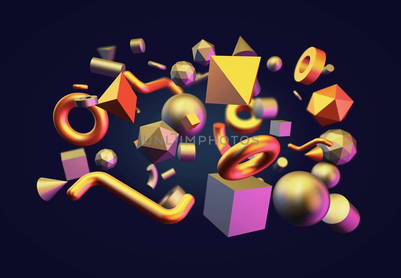 Abstract background of different geometric shapes. 3d render.