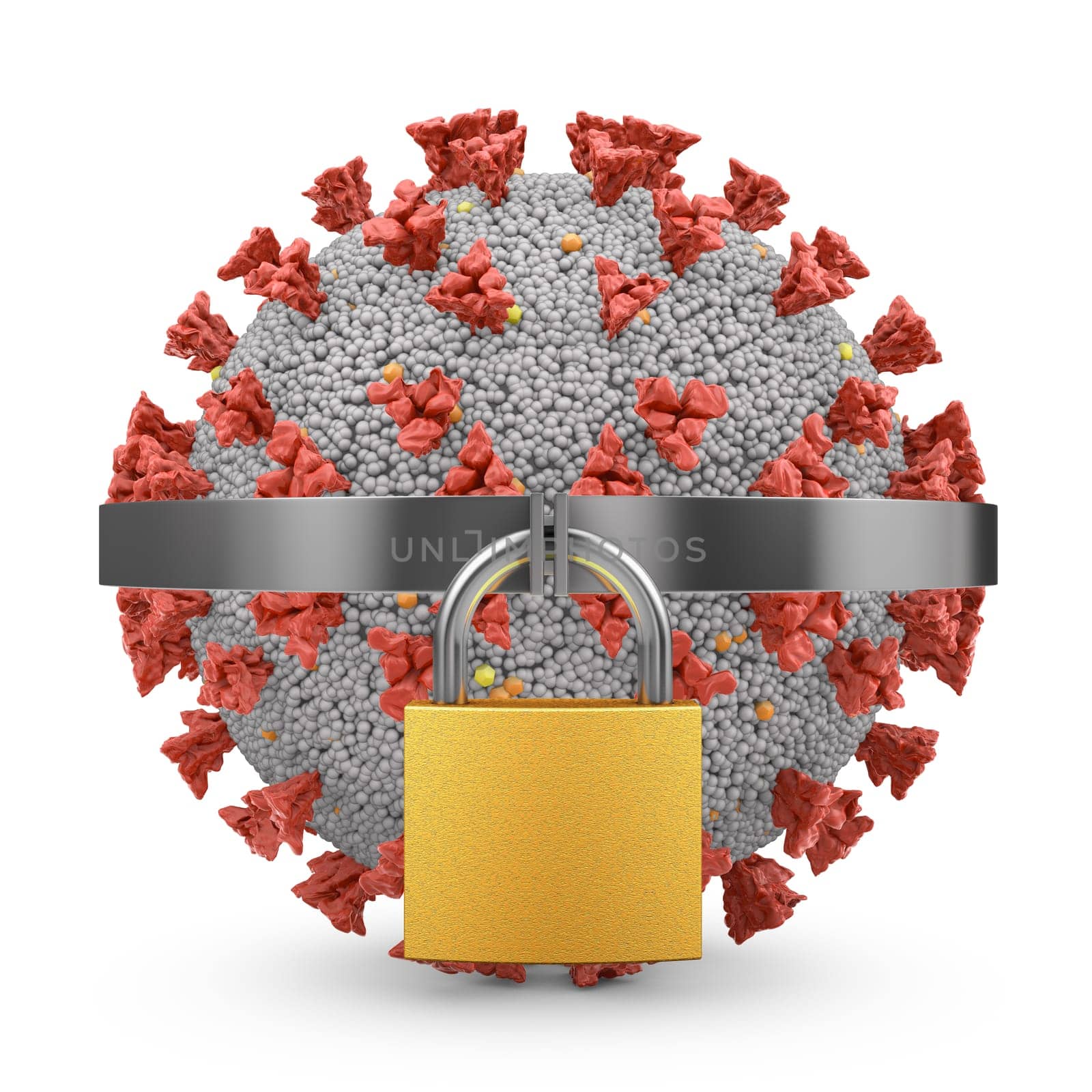 Coronavirus metal padlock on a white background. 3d render.