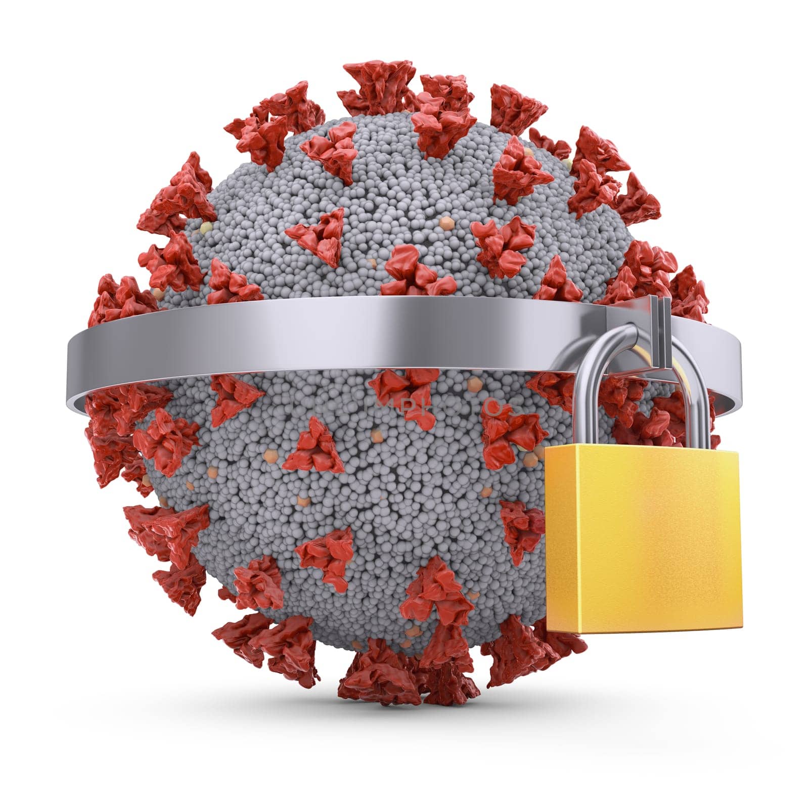 Coronavirus metal padlock on a white background. 3d render.
