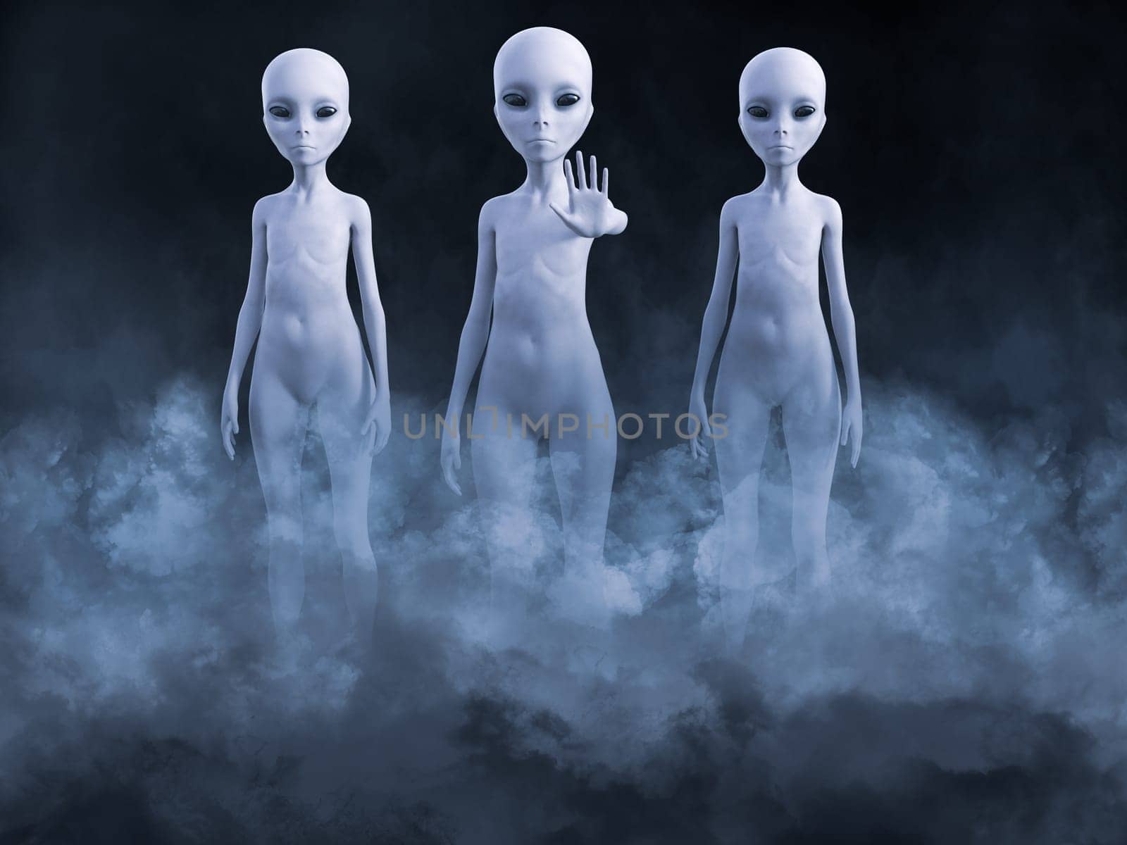 3D rendering of an encounter with three aliens standing in smoke. One of them is holding up its hand like it's greeting you.