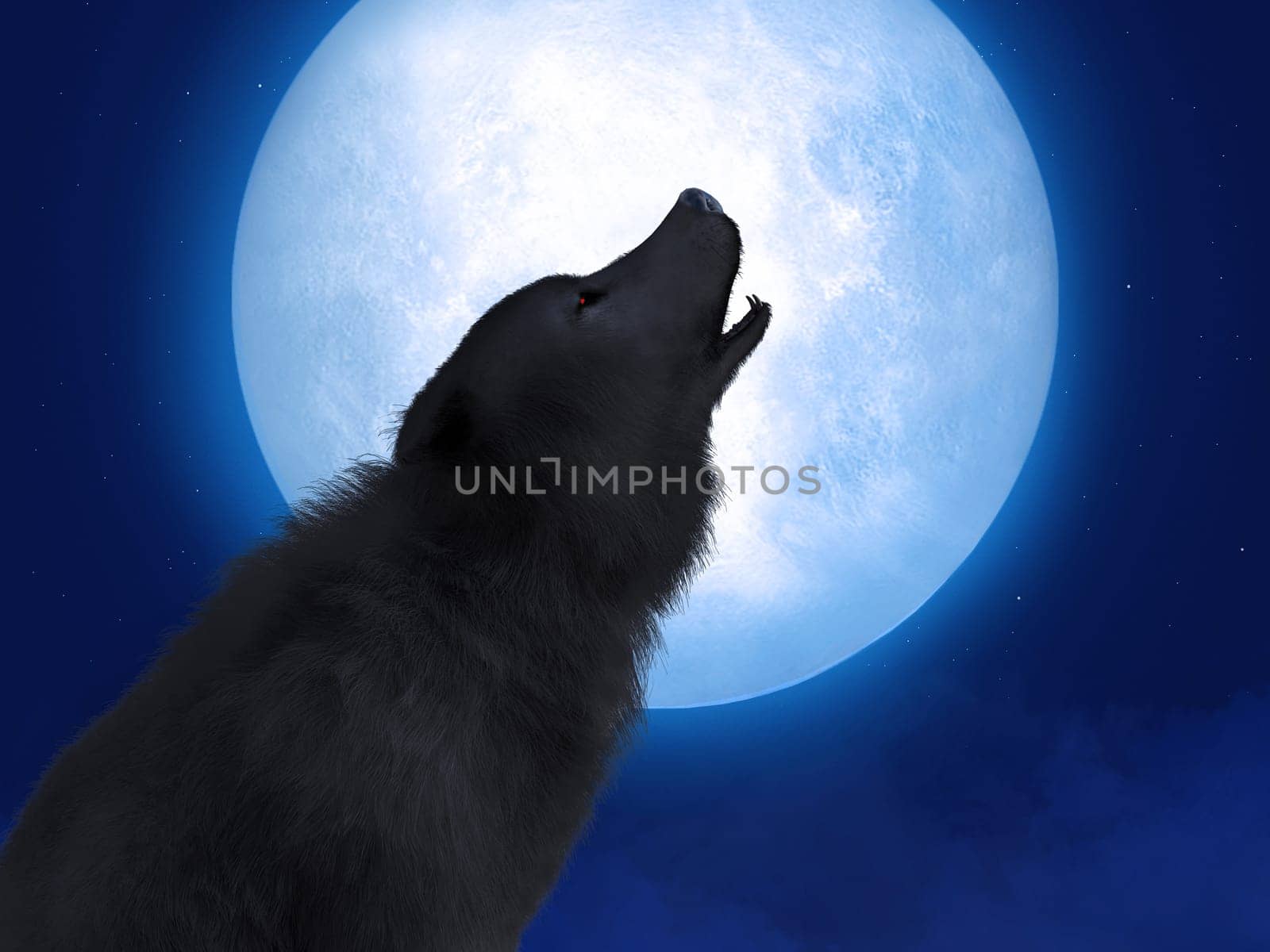 3D rendering of a black wolf or werewolf with glowing red eyes howling at the big moon. Stars in the night sky, fog on the ground.