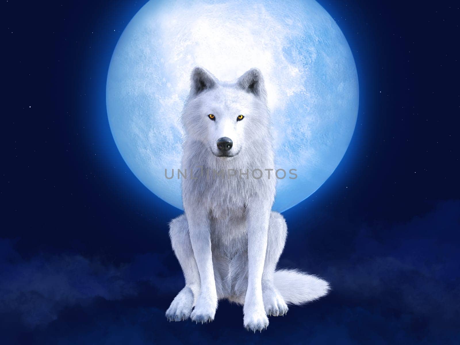 3D rendering of a majestic white wolf sitting in front of a big moon. Stars in the night sky, blue fog on the ground.