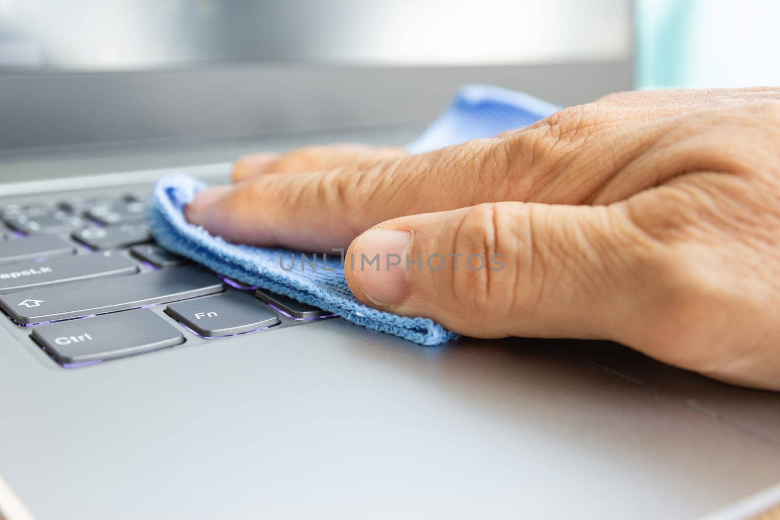 Concept Prevention cleaning frequently, Focus on the high traffic areas that enable pathogens to spread around the computer equipment such as keyboards of laptop computer
