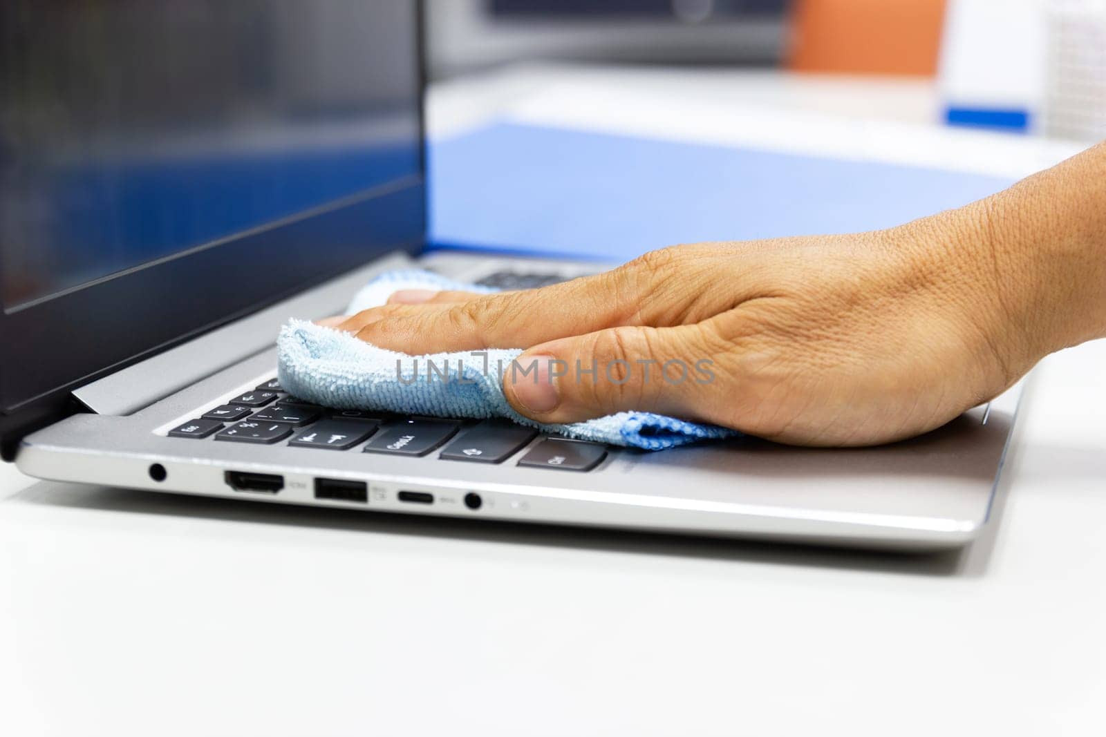 Concept Prevention cleaning frequently, Focus on the high traffic areas that enable pathogens to spread around the computer equipment such as keyboards of laptop computer