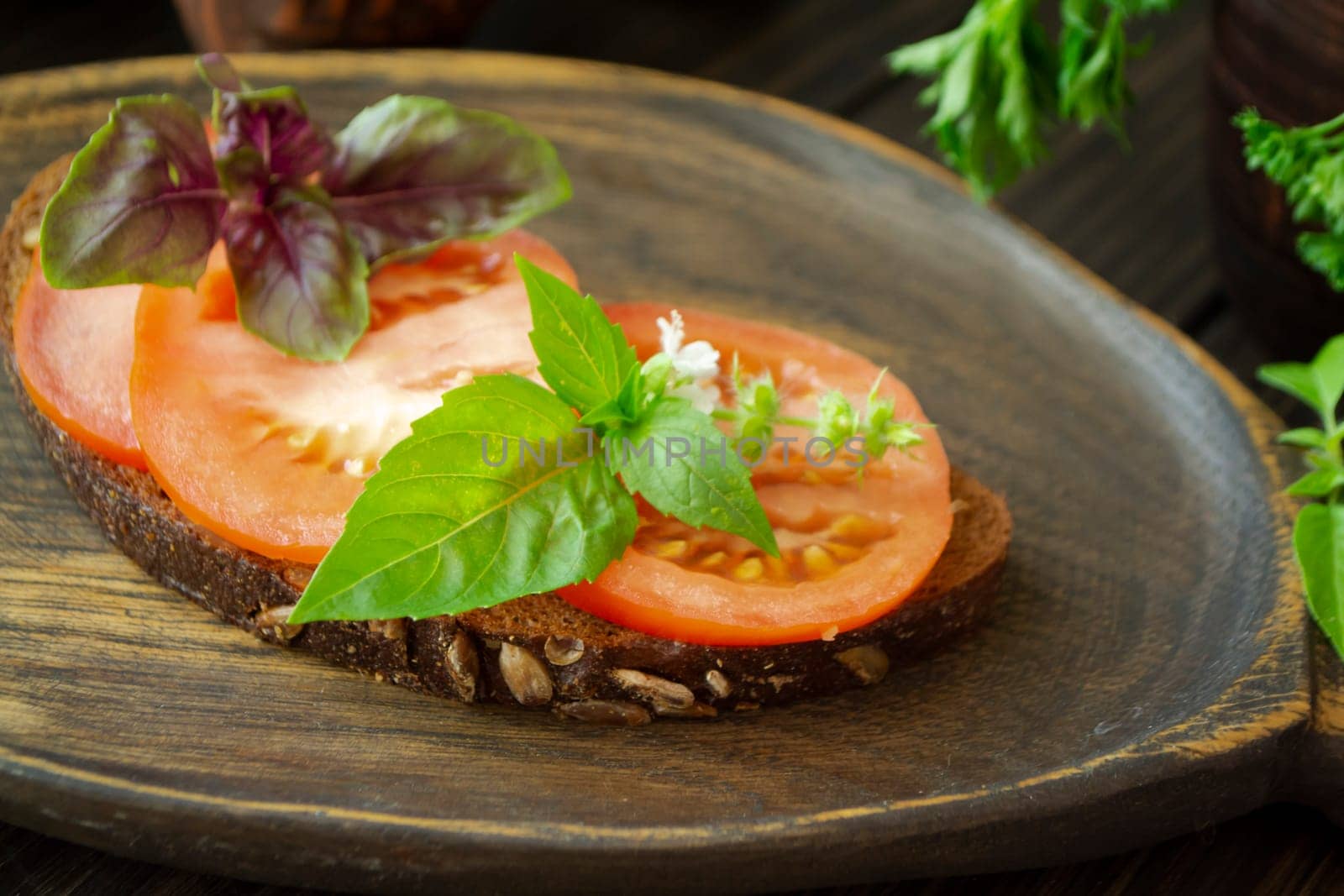Bruschetta with tomatoes and basil on a dark wooden background. Close up