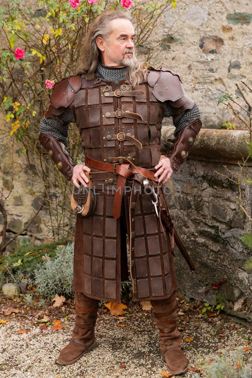 Posing impressive Knight in historic medieval cloth