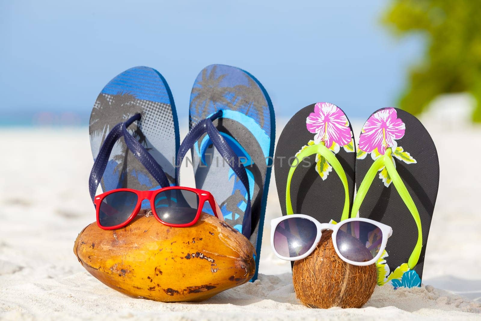 Maldives, coconuts with sunglasses and bathing shoes on the beach