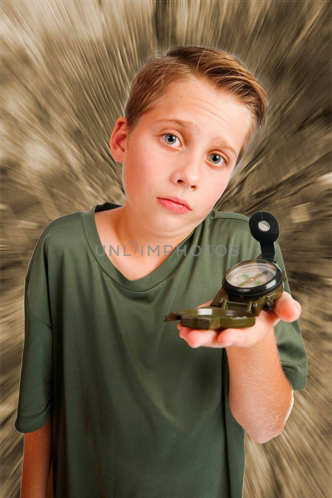 Image of a 12-year-old Caucasian boy in an elevated, wide-angle three-quarter view with a compass on his left hand, looking at the camera helplessly against a monochrome, radially distorted background.