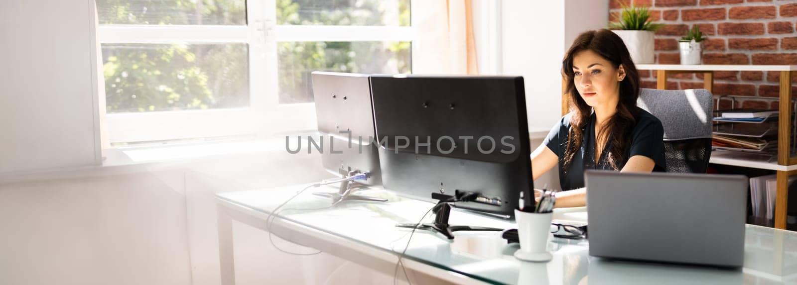 Woman At Workplace. Manager Doing Business Communication In Office
