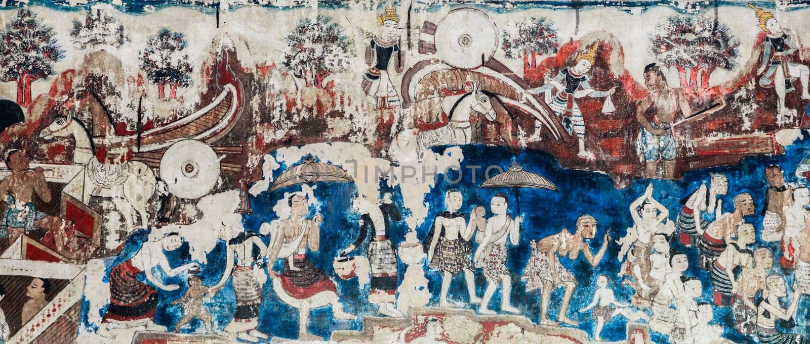 CHIANG MAI,THAILAND - OCTOBER 29, 2014 : Ancient Thai Lanna style mural painting of the life story of Buddha inside of Wat Buak Krok Luang in Chiang Mai, Thailand