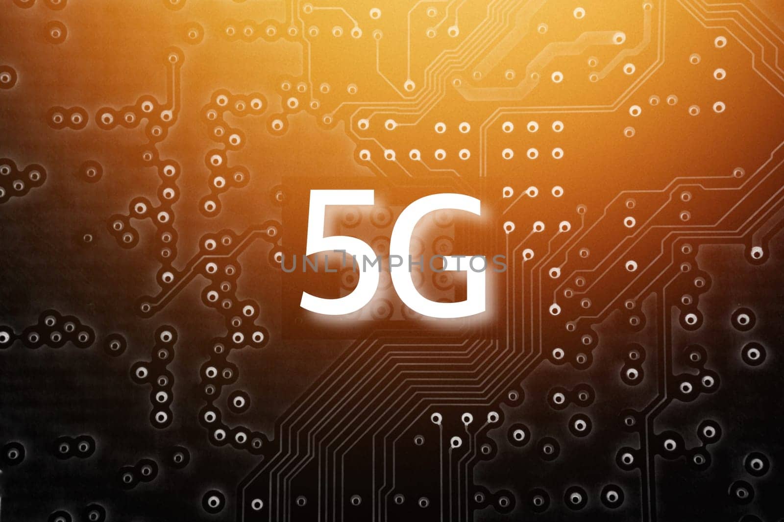 5G Mobile chip on computer board background. Copy space and Technology concept. Selective focus