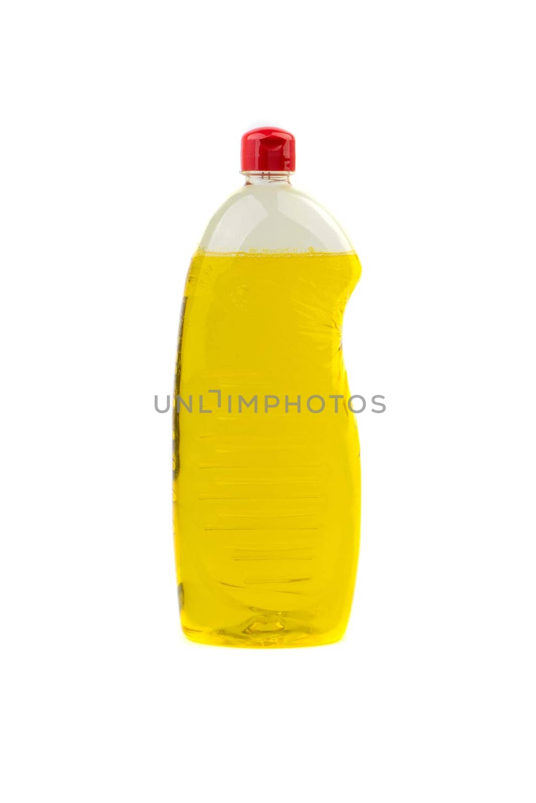 Dishwashing liquid detergent or soap in plastic bottle isolated on white background. Selective focus and copy space concept