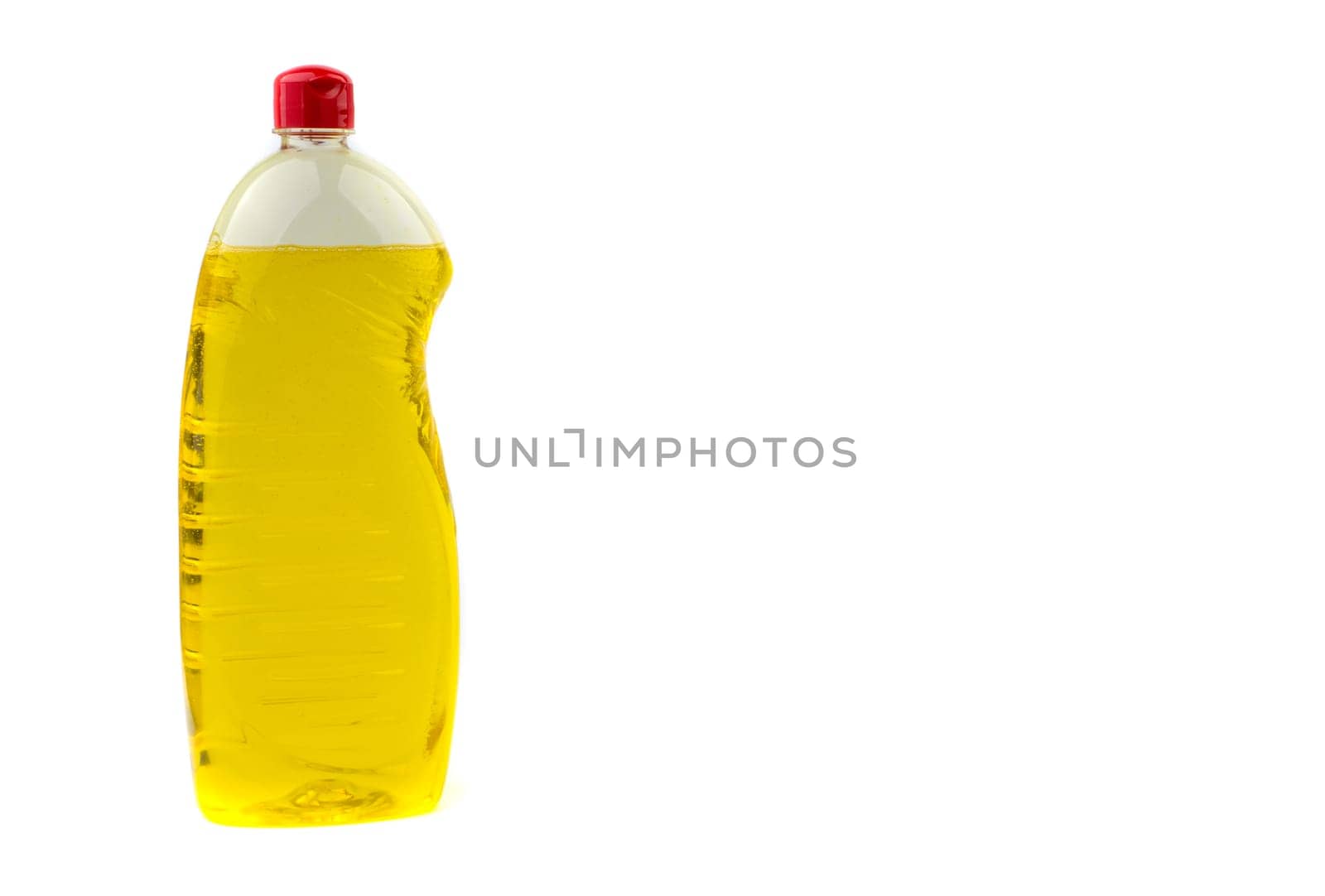 Dishwashing liquid detergent or soap in plastic bottle isolated on white background. Selective focus and copy space concept