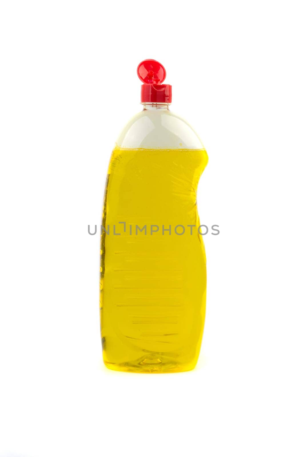 Dishwashing liquid detergent or soap in plastic bottle isolated on white background. Selective focus and copy space concept