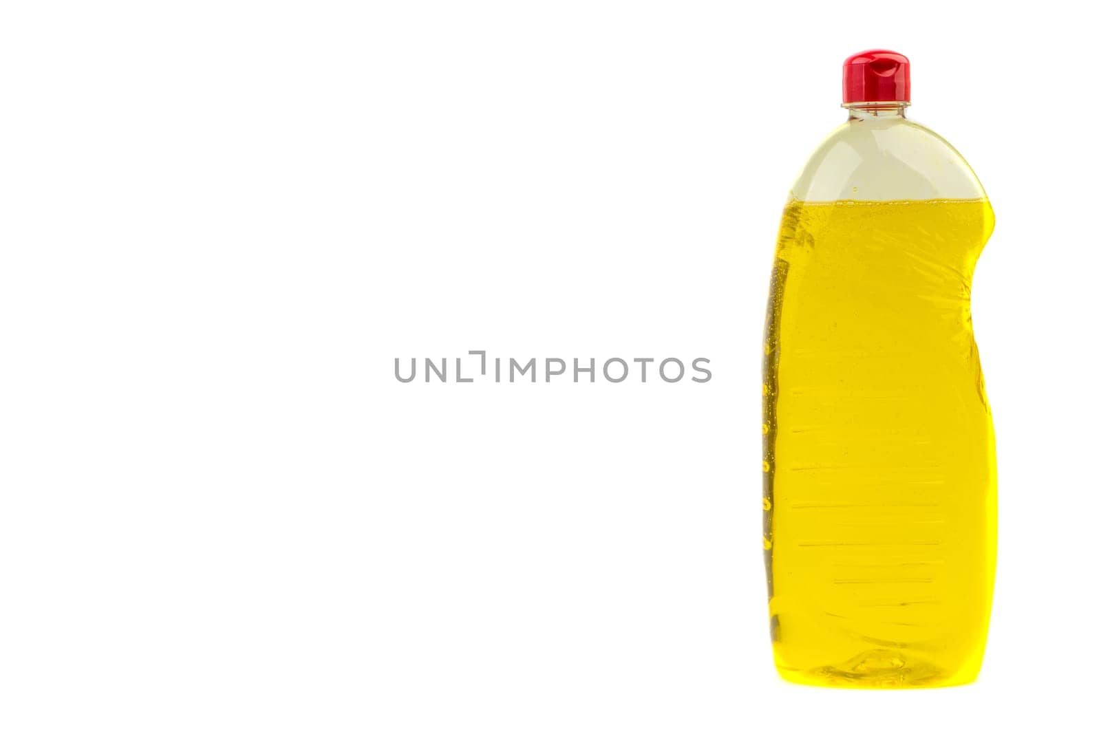 Dishwashing liquid detergent or soap in plastic bottle isolated on white background. Selective focus and copy space concept