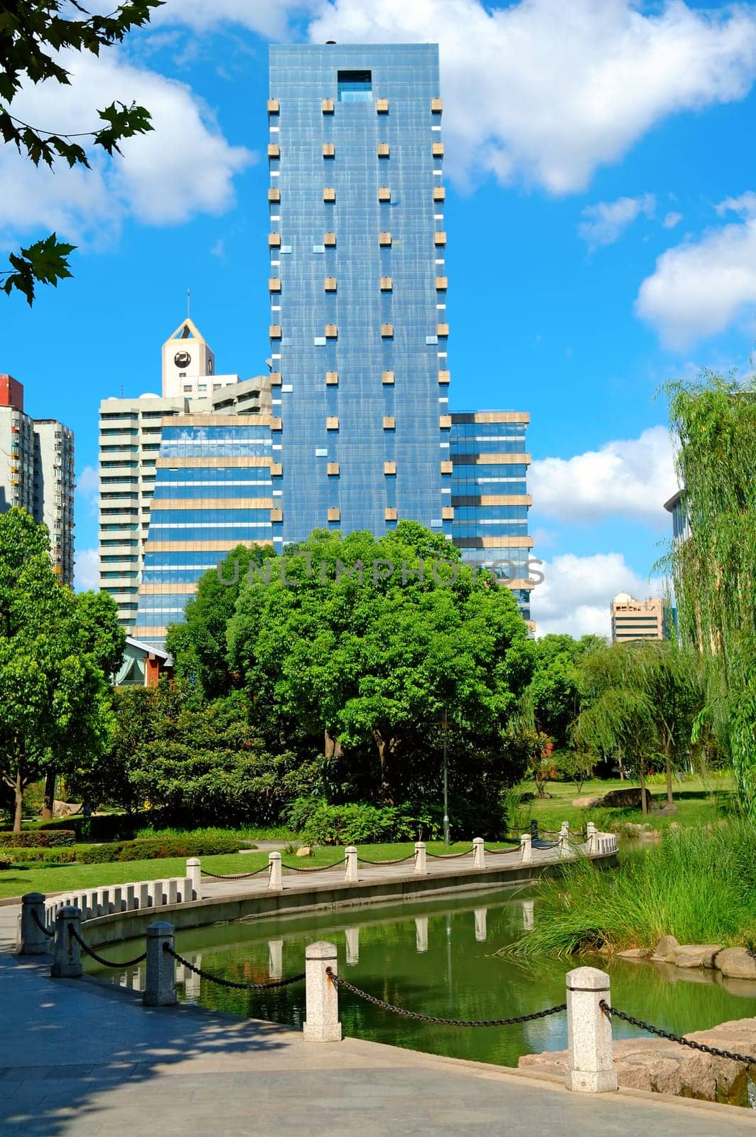 The view of office building from the park of city