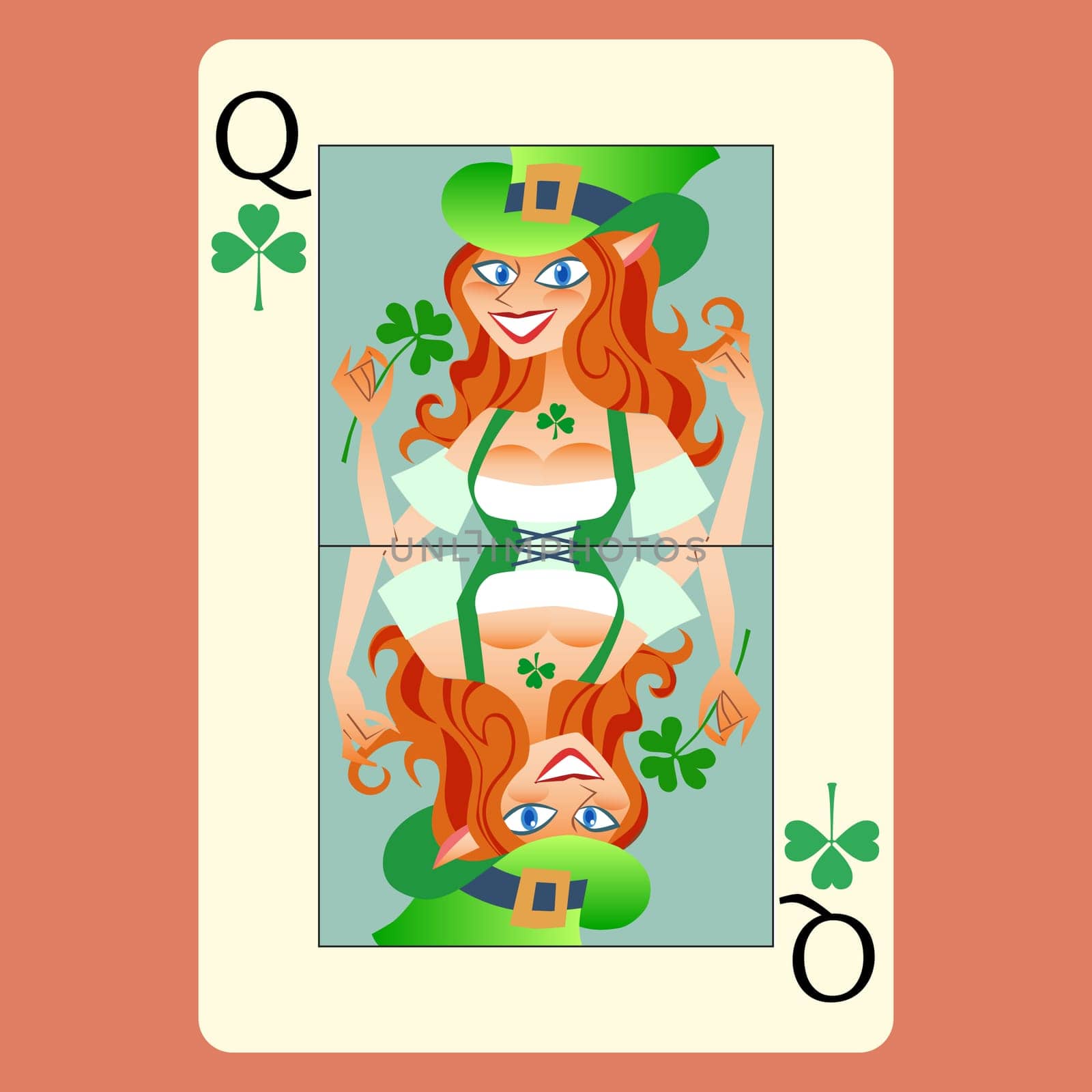Red-haired elphicke playing card Queen St. Patricks day fun green Shamrock