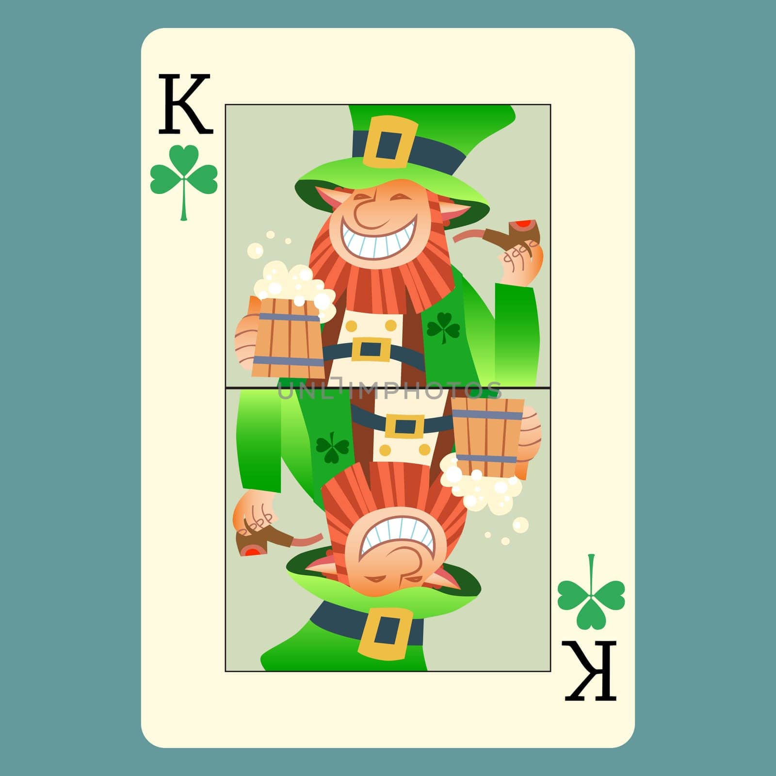 Playing card king green leprechaun St. Patricks day beer tube smile green Shamrock