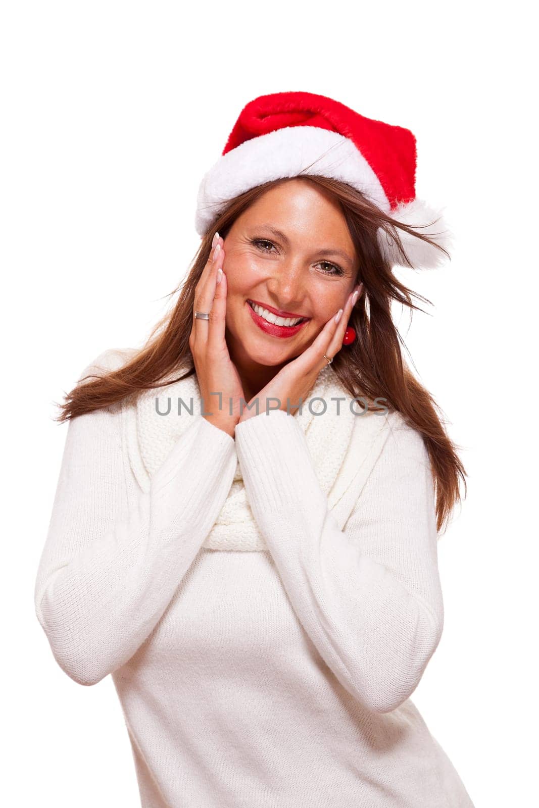 Young woman with Santa hat shows with her hands in the air on text-free presentation of seasonal products isolated on white background free-platers