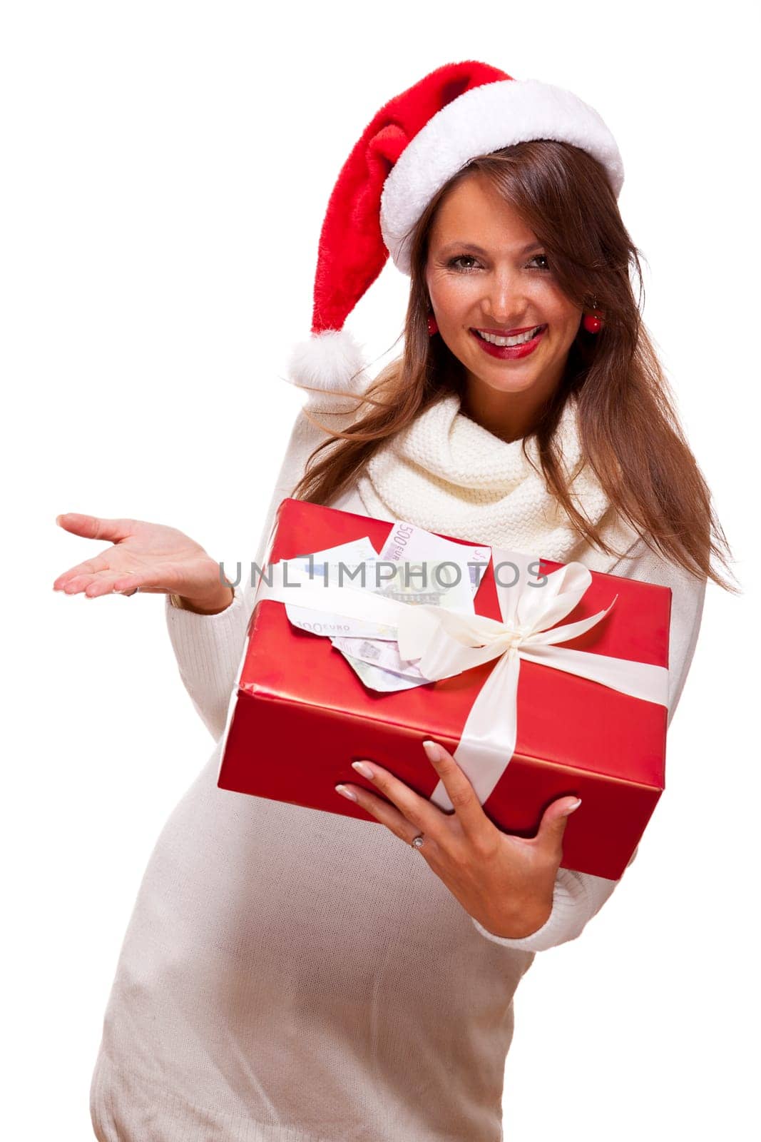 Beautiful young woman with Santa hat with a big red Christmas gift and cash final sale Isolated on white with text free space freeholder