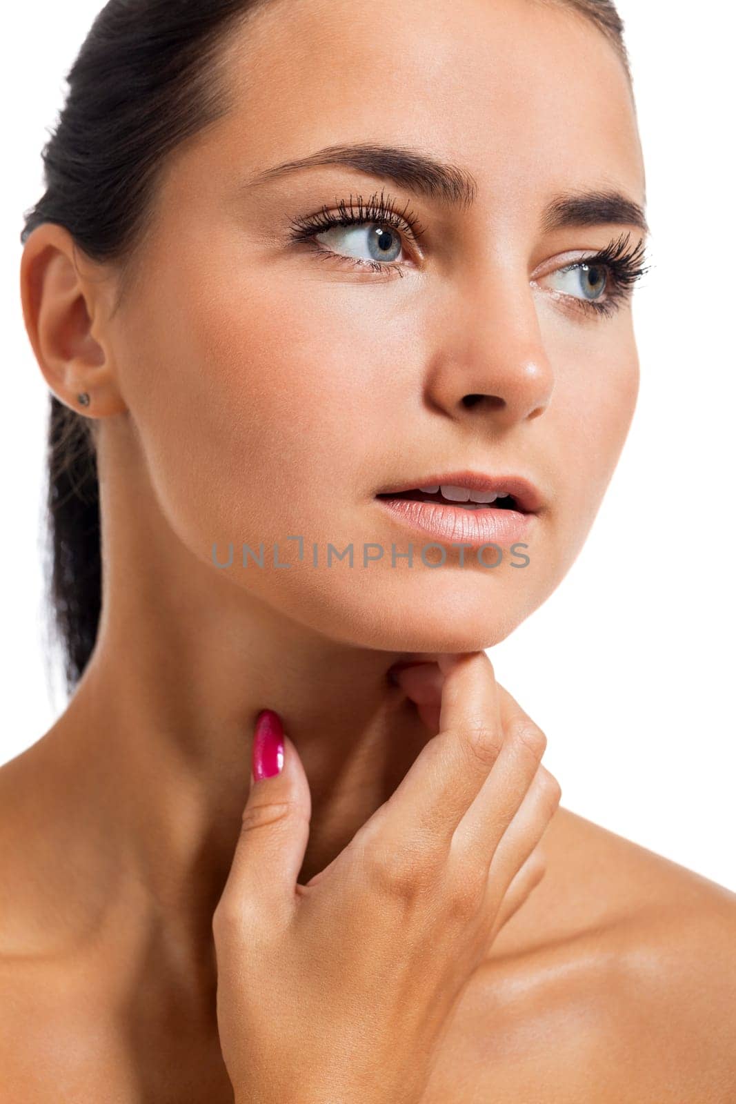 Close-up of a young woman girl with black hair beauty portrait isolated against white background