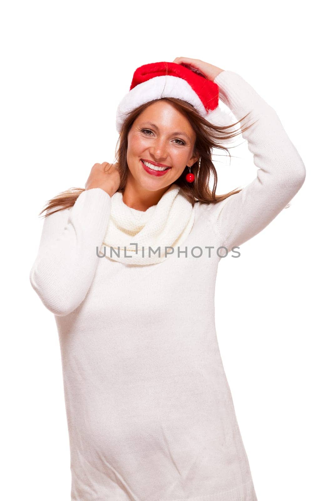 Young woman with Santa hat shows with her hands in the air on text-free presentation of seasonal products isolated on white background free-platers