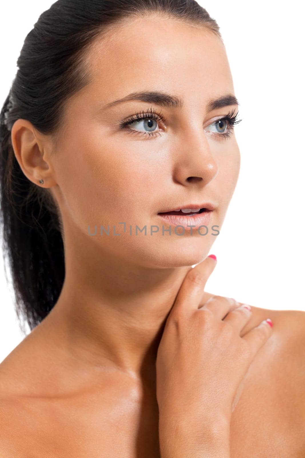 Close-up of a young woman girl with black hair beauty portrait isolated against white background