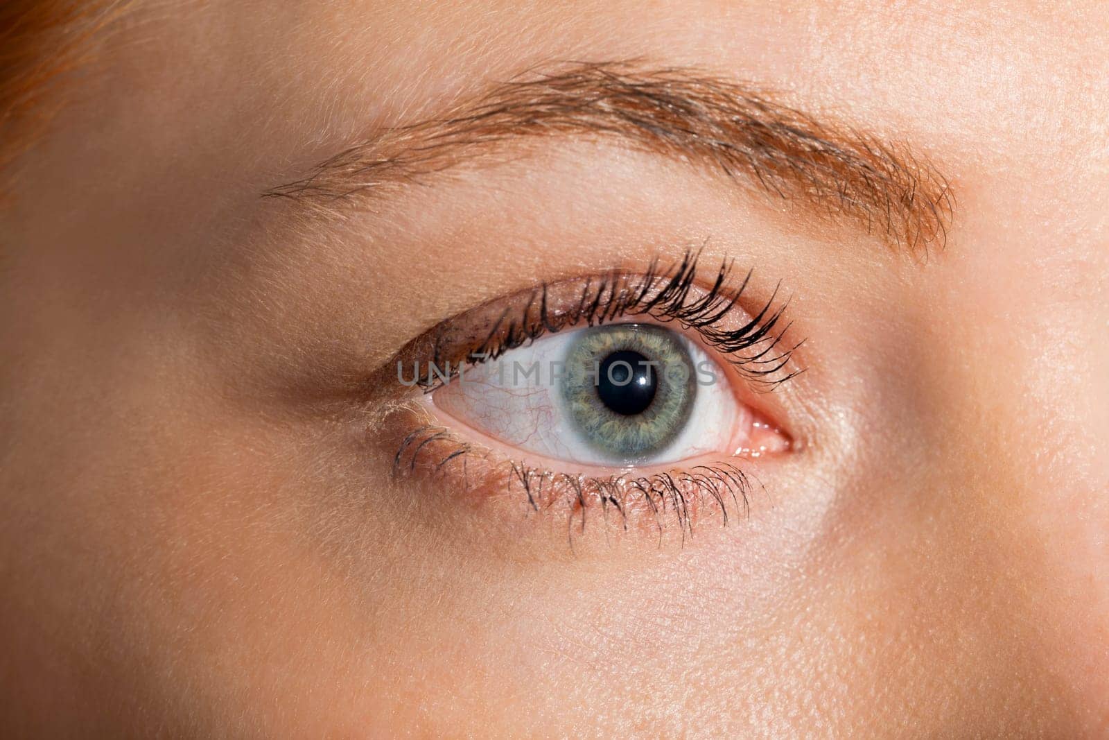 Close-up of a female face with eye lip nose and eyebrows isolated on white background