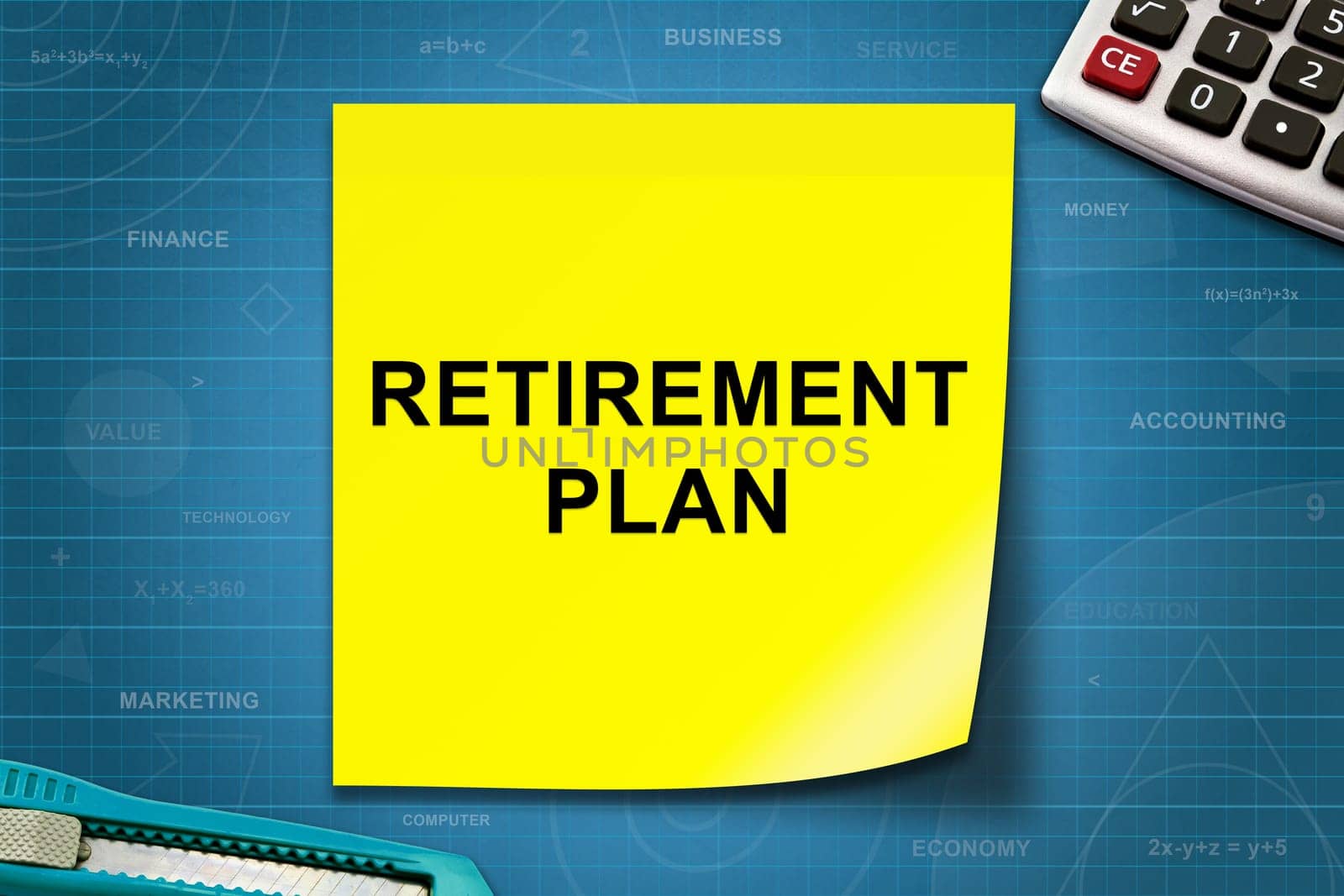 Retirement plan text on yellow note with graph paper